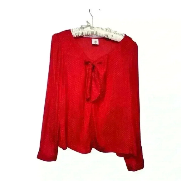 Cabi 3862 | Front Knot Swiss Red Dot Print Satin Blouse Top with Keyhole, Medium - Picture 1 of 9